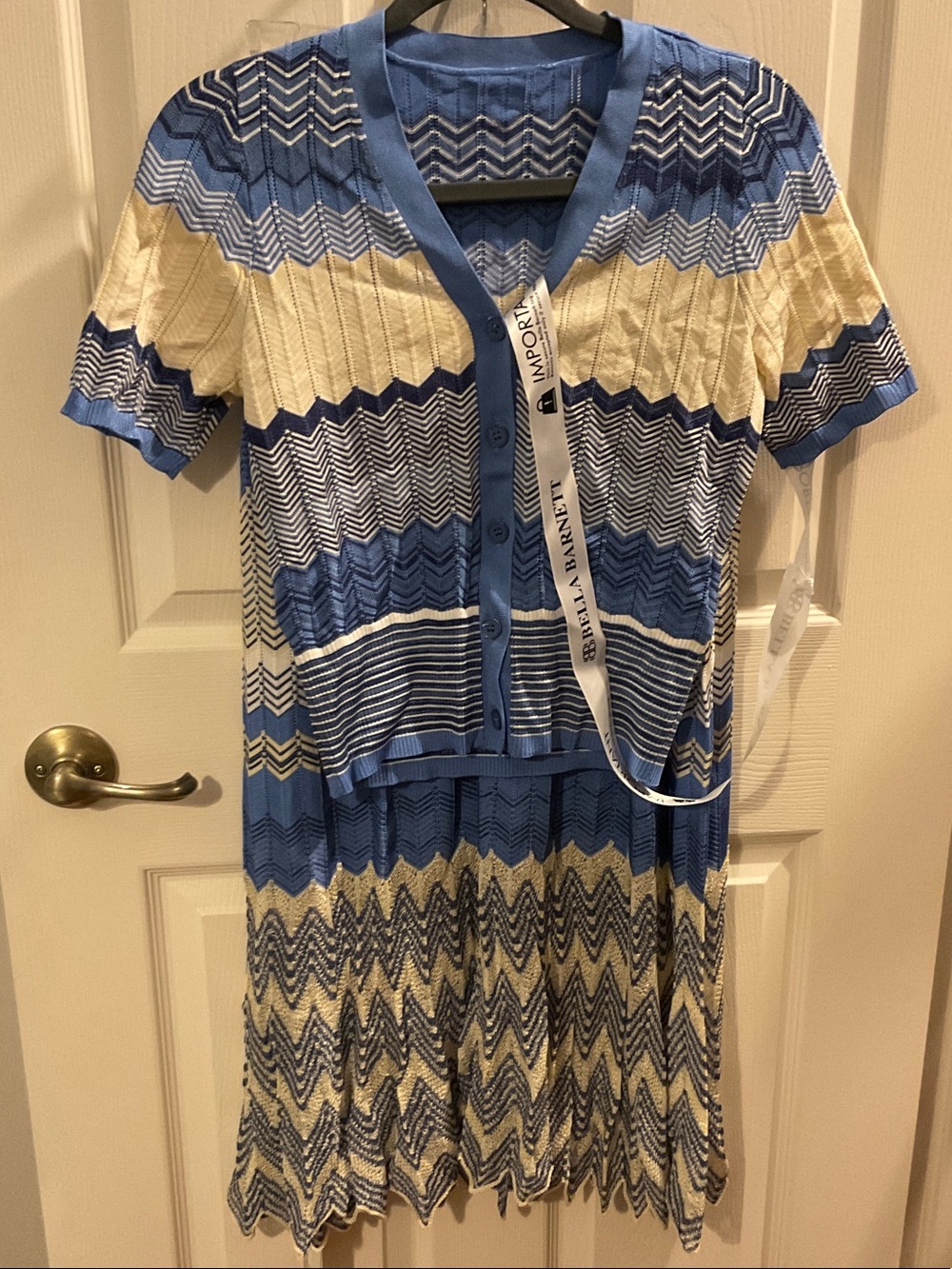 Blue and Cream Chevron Knit Midi Dress with Button Cardigan, run small.